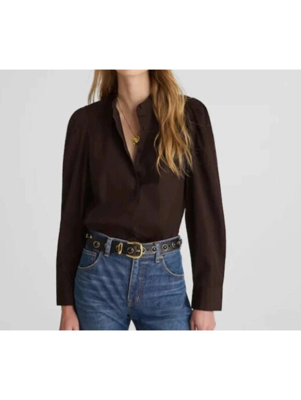 NWT Madewell Puff Sleeve Button Up Shirt Brown Solid Cotton Top XL
